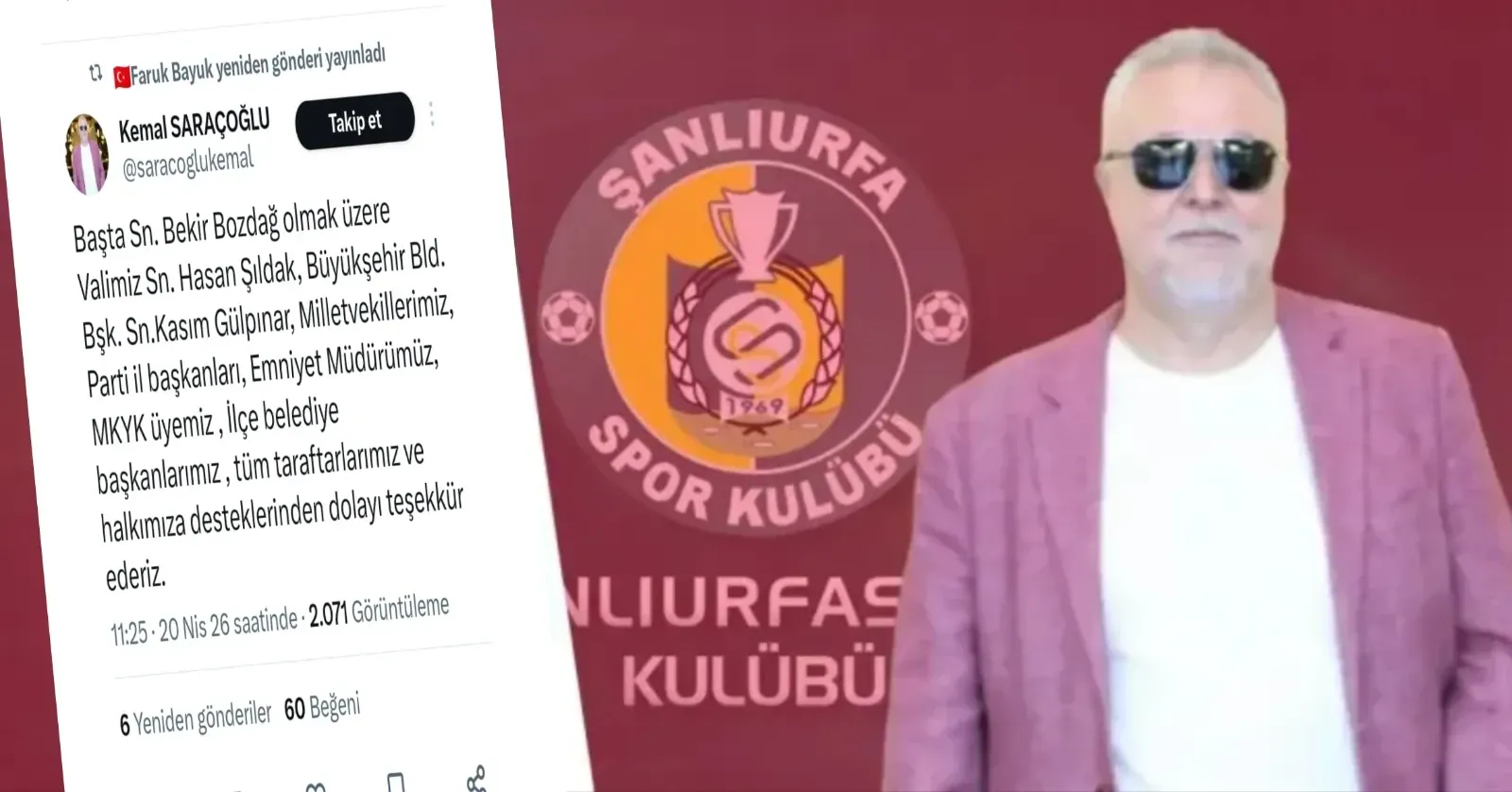 Şanlıurfaspor Başkanı Saraçoğlu’ndan teşekkür mesajı